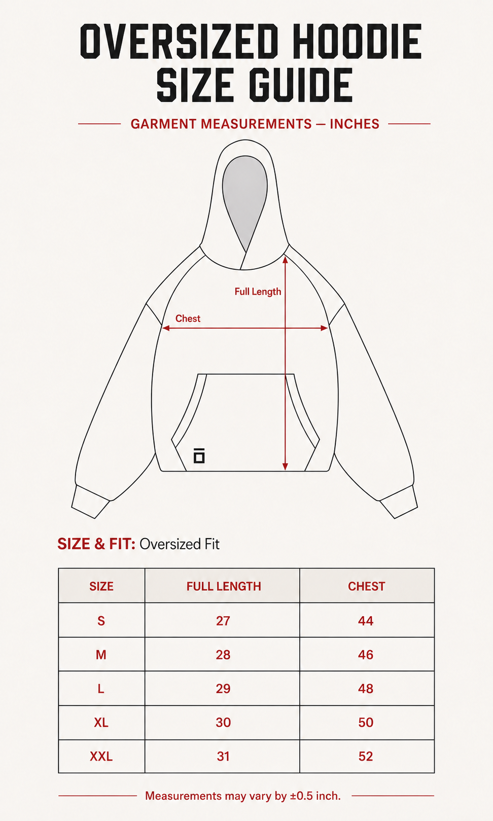Oversized hoodie size guide chart with a line drawing of a hoodie showing measurement labels and a size table listing S through XXL full length and chest measurements.