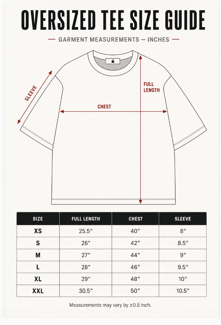 Oversized tee size guide chart showing a line drawing of a T-shirt with labeled chest, sleeve, and full length measurements, plus a size table from XS to XXL with corresponding measurements in inches.
