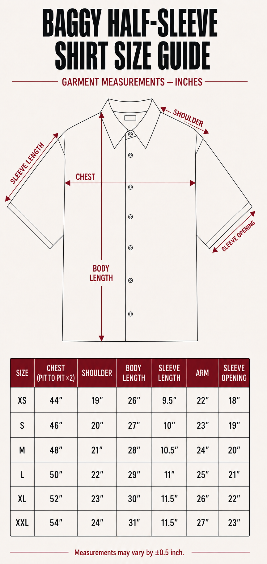 A garment measurement chart titled 'BAGGY HALF-SLEEVE SHIRT SIZE GUIDE' showing a simple shirt outline with labeled dimensions and a size table below with chest, shoulder, body length, sleeve length, and sleeve opening measurements for sizes XS through XXL.